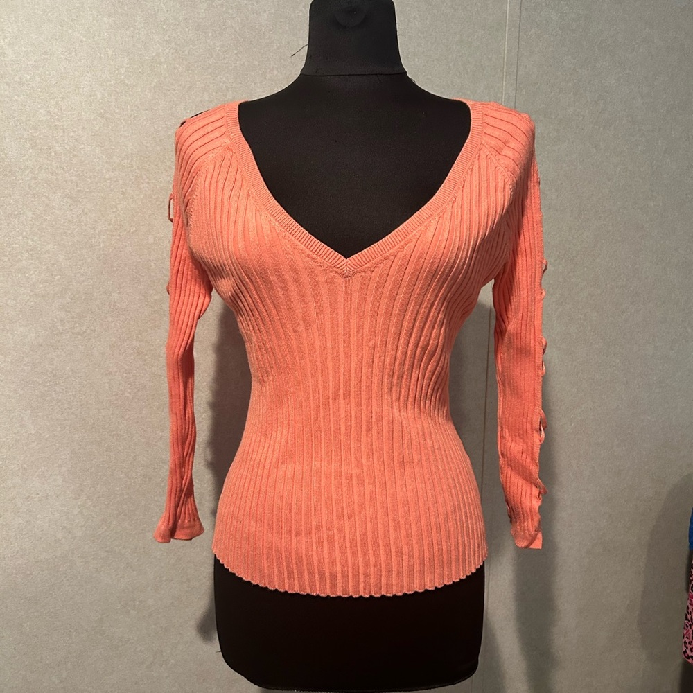 VENUS Orange V-Neck Ribbed Sweater